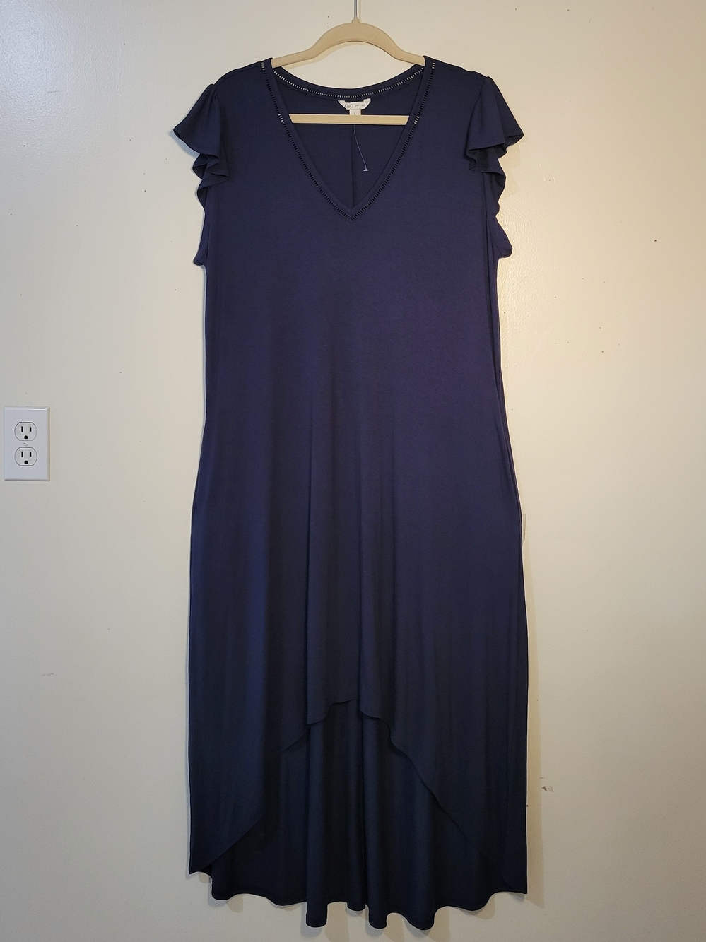 Cato (Women's L) Navy Blue Ruffle Sleeve V-Neck Maxi length Hi-Low T-shirt Dress